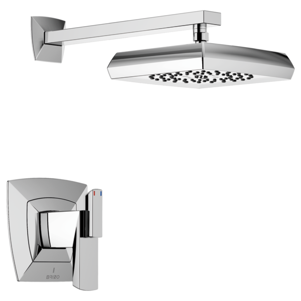 Chrome shower trim with rectangular overhead showerhead and wall-mounted valve with curved handle.