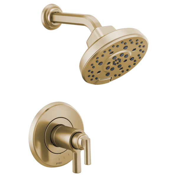 Brushed gold thermostatic shower trim with round showerhead and dual lever handle on circular escutcheon plate.