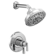 Chrome thermostatic shower trim with round showerhead and dual-lever wall-mounted valve control.