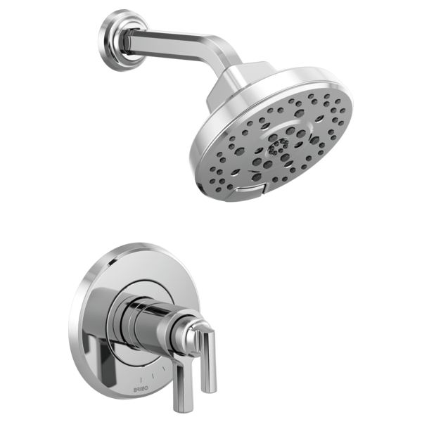 Chrome thermostatic shower trim with round showerhead and dual-lever wall-mounted valve control.