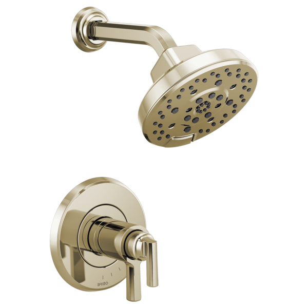 Polished nickel shower trim with round showerhead and lever handles mounted on circular wall plate.