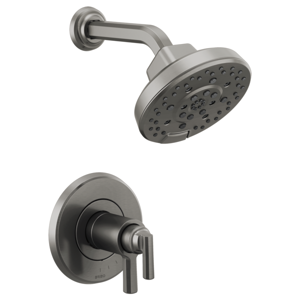 Gunmetal gray thermostatic shower trim with round showerhead, curved arm, and lever handle control valve.