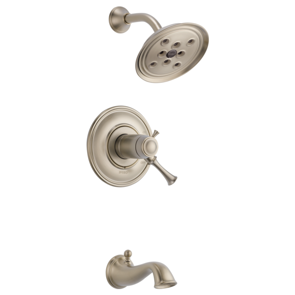 Brushed nickel thermostatic tub and shower faucet set with round showerhead, valve trim, and tub spout.