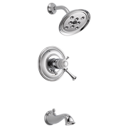 Chrome thermostatic tub and shower fixture with round showerhead, wall-mounted valve, and tub spout.