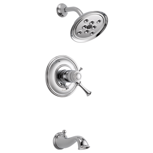 Chrome thermostatic tub and shower fixture with round showerhead, wall-mounted valve, and tub spout.