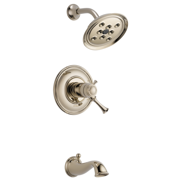 Brushed nickel thermostatic tub and shower system with round showerhead, lever handle, and tub spout.