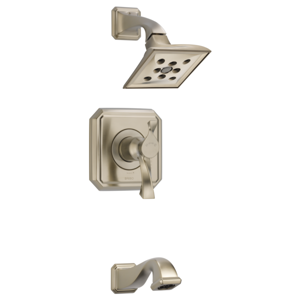 Brushed nickel thermostatic tub and shower trim with square showerhead, control valve, and spout.