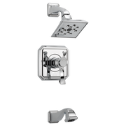 Chrome thermostatic tub and shower valve with square showerhead and dual lever handles.