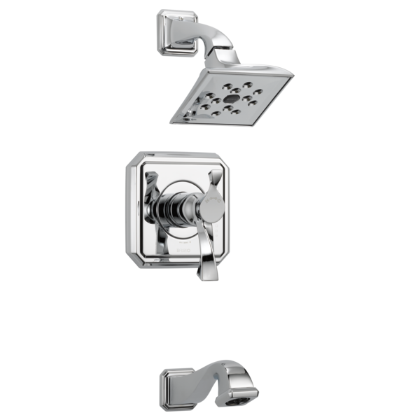 Chrome thermostatic tub and shower valve with square showerhead and dual lever handles.
