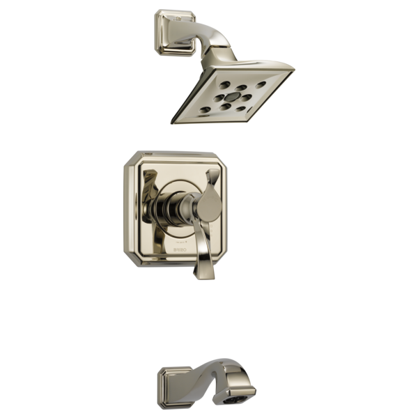 Brushed nickel thermostatic tub and shower valve with square showerhead, lever handle, and curved tub spout.