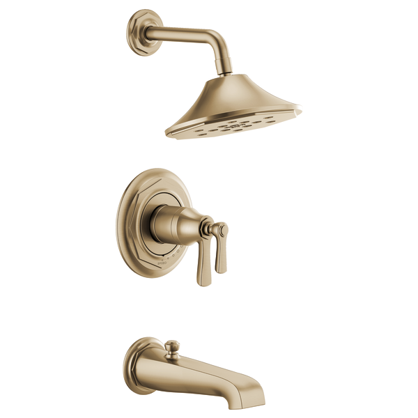 Champagne bronze thermostatic tub and shower fixture with overhead showerhead, control valve, and tub spout.