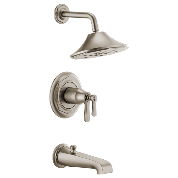 Brushed nickel thermostatic tub and shower system with overhead showerhead, valve trim, and tub spout.