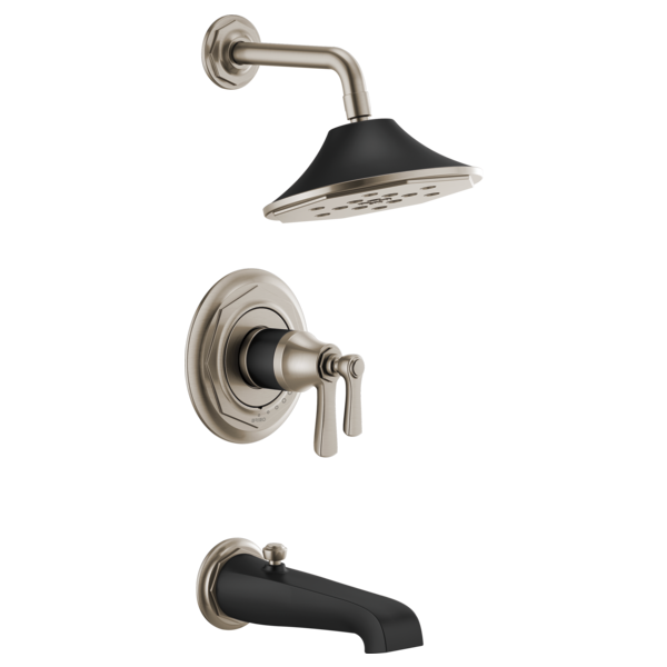 Brushed nickel thermostatic tub and shower system with black showerhead, valve trim, and tub spout.