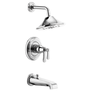 Chrome thermostatic tub and shower valve system with showerhead, control handle, and tub spout.