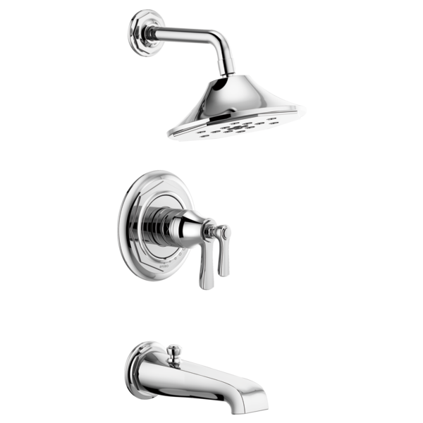 Chrome thermostatic tub and shower valve system with showerhead, control handle, and tub spout.