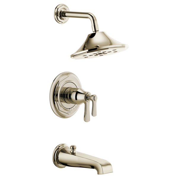 Polished nickel thermostatic tub and shower system with square showerhead, lever handles, and curved spout.