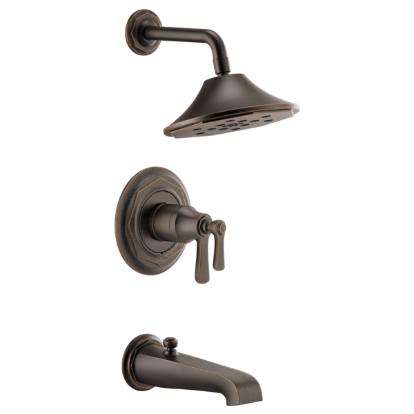 Bronze thermostatic tub and shower trim with round escutcheon, lever handle, and cone-shaped rainfall showerhead.