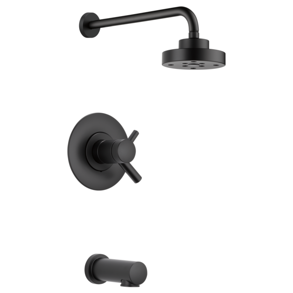 Black thermostatic tub and shower fixture with round showerhead, wall-mounted valve, and tub spout.