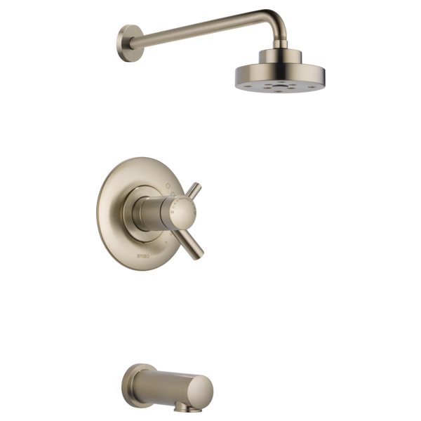 Brushed nickel thermostatic tub and shower faucet set with round showerhead, wall-mounted arm, and lever handle.