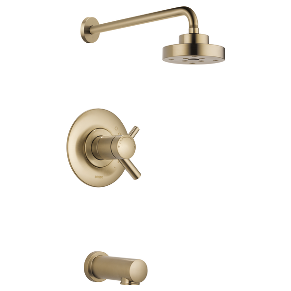 Champagne bronze thermostatic tub and shower system with round showerhead, wall-mounted arm, and lever handle controls.