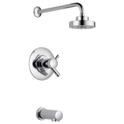 Chrome thermostatic tub and shower system with round showerhead, wall-mounted valve, and tub spout.