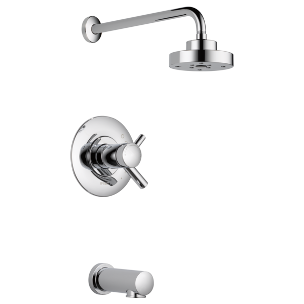 Chrome thermostatic tub and shower system with round showerhead, wall-mounted valve, and tub spout.
