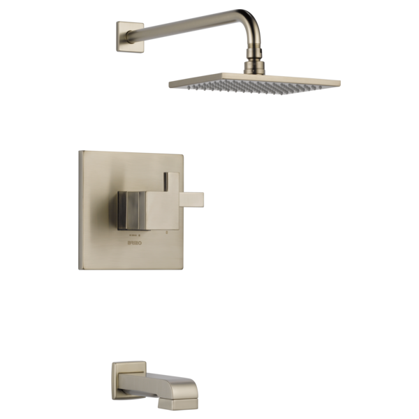 Brushed nickel thermostatic tub and shower trim with square wall plate, lever handle, overhead rain showerhead, and tub spout