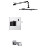 Chrome thermostatic tub and shower trim with square wall plate, lever handle, overhead showerhead, and tub spout.