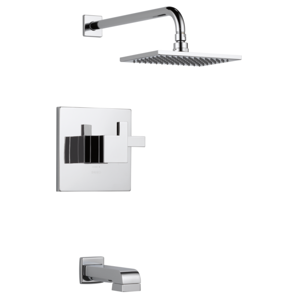 Chrome thermostatic tub and shower trim with square wall plate, lever handle, overhead showerhead, and tub spout.