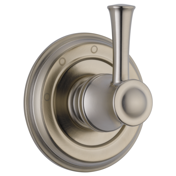 Brushed nickel diverter trim with round escutcheon plate, lever handle, and vertical spout.