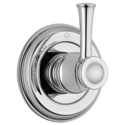 Chrome diverter trim with round escutcheon plate, cylindrical lever handle, and vertical spout connection.