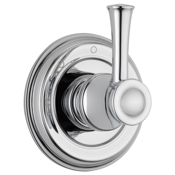 Chrome diverter trim with round escutcheon plate, cylindrical lever handle, and vertical spout connection.