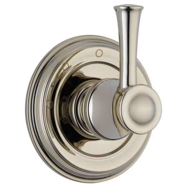 Polished nickel diverter trim with round escutcheon plate, cylindrical spout, and lever handle.