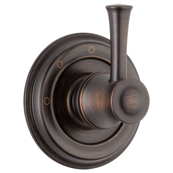 Bronze finish diverter trim with circular escutcheon, lever handle, and spout outlet on round mounting plate.
