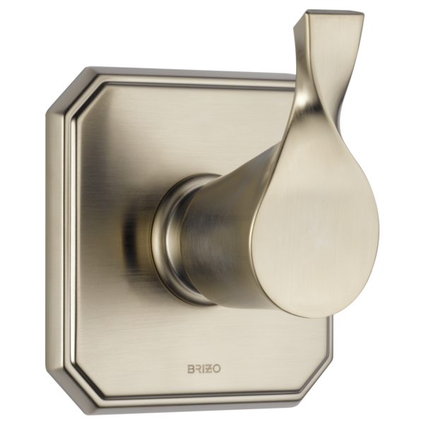 Brushed nickel wall-mounted diverter trim with teardrop-shaped handle and rectangular backplate.