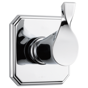 Chrome diverter trim with teardrop-shaped handle and square mounting plate for shower valve control.