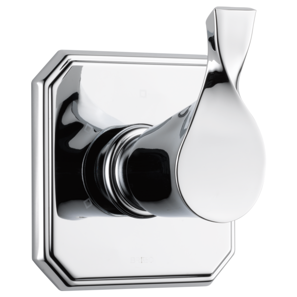 Chrome diverter trim with teardrop-shaped handle and square mounting plate for shower valve control.