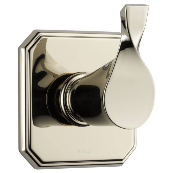 Polished nickel diverter trim with octagonal escutcheon plate and teardrop-shaped lever handle.