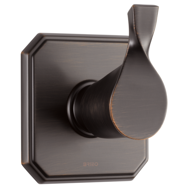 Oil-rubbed bronze diverter trim with teardrop handle and square backplate.
