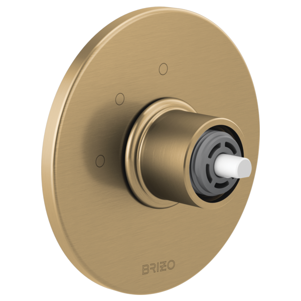 Champagne bronze round diverter trim with central cartridge and white cap, three selection dots visible on plate.