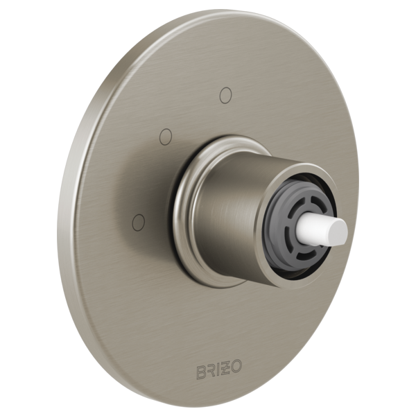 Brushed nickel circular diverter trim with central rotating knob and three function markings on backplate.