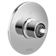 Polished chrome circular diverter trim with central cylindrical valve body and small white stem knob.