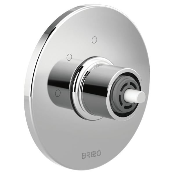 Polished chrome circular diverter trim with central cylindrical valve body and small white stem knob.