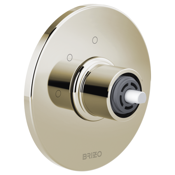 Brizo Litze brushed nickel circular diverter trim with three function buttons and cartridge valve, handle-less design.