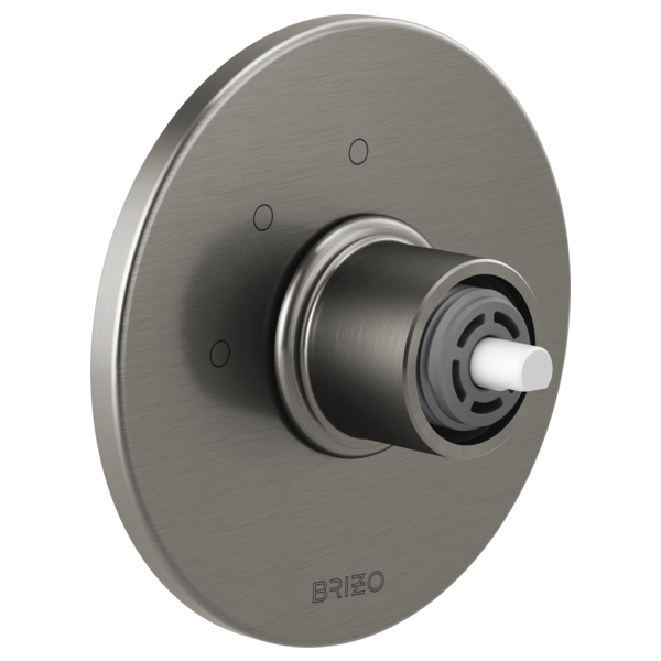 Brushed nickel round diverter trim with three function buttons and white adjustable knob.