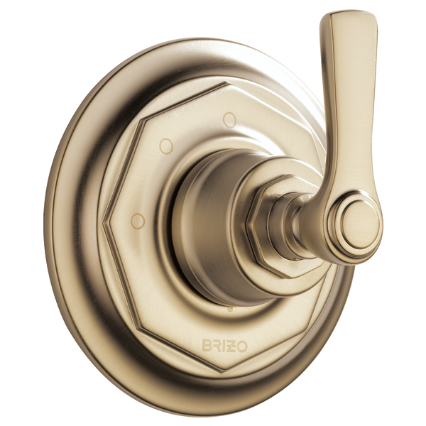 Brushed nickel 3-function diverter trim with lever handle and circular escutcheon plate.