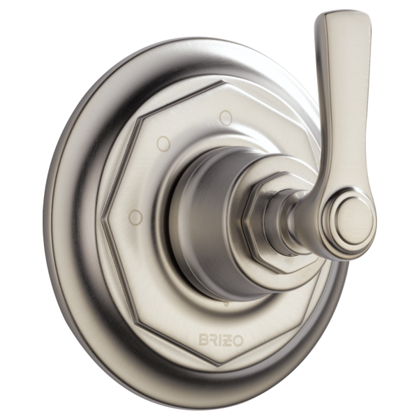 Chrome and brushed nickel round diverter trim with lever handle and concentric escutcheon plates.