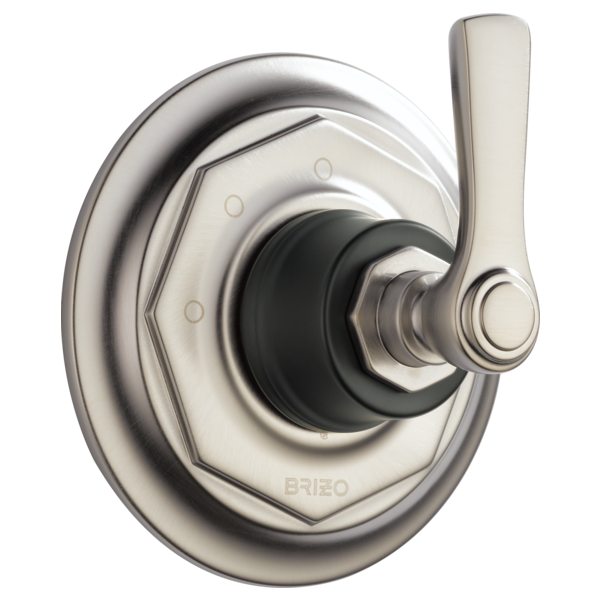 Polished nickel shower diverter trim with lever handle and decorative escutcheon plate.
