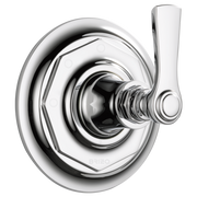 Chrome diverter trim with round escutcheon plate and lever handle for shower valve control.