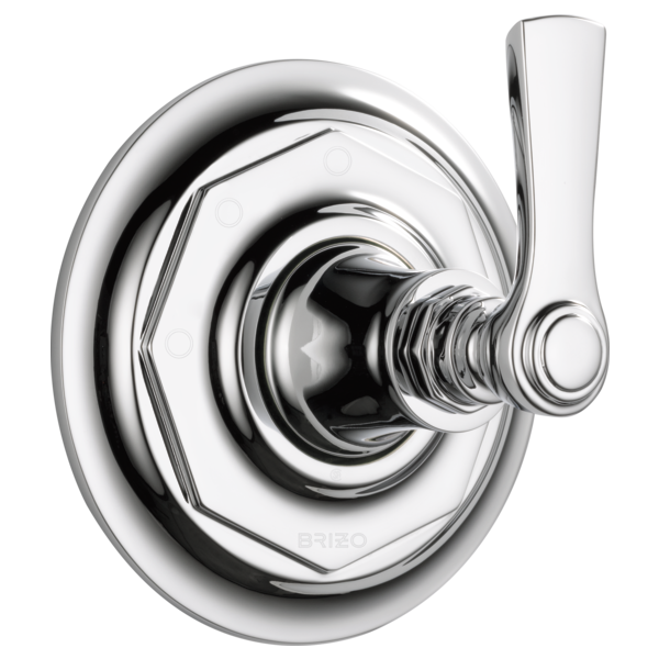 Chrome diverter trim with round escutcheon plate and lever handle for shower valve control.
